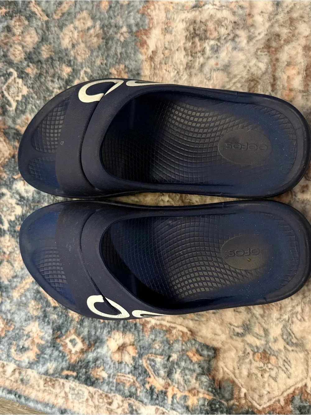OOFOS Navy Blue Slide Sandals with White Logo
